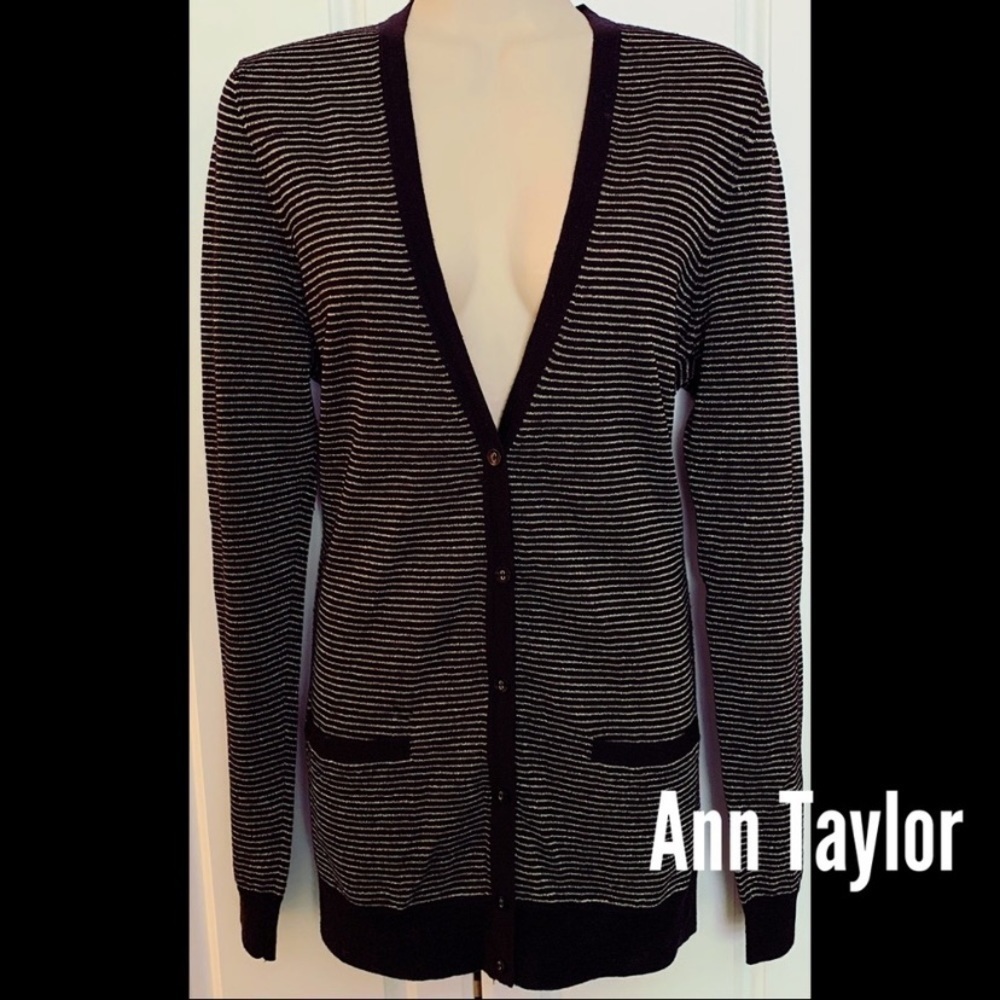Ann Taylor Fine Merino Striped Thin Long Sparkly Cardigan EUC